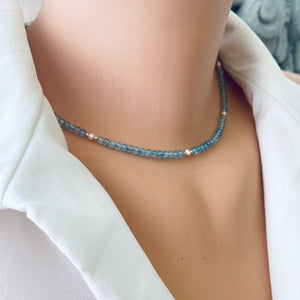 Blue Topaz & Freshwater Pearl Choker Necklace, Gold Fill, December Birthstone , 16.5"In