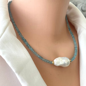 Blue Apatite and Baroque Pearl Beaded Necklace, Gold Filled, 18"inches
