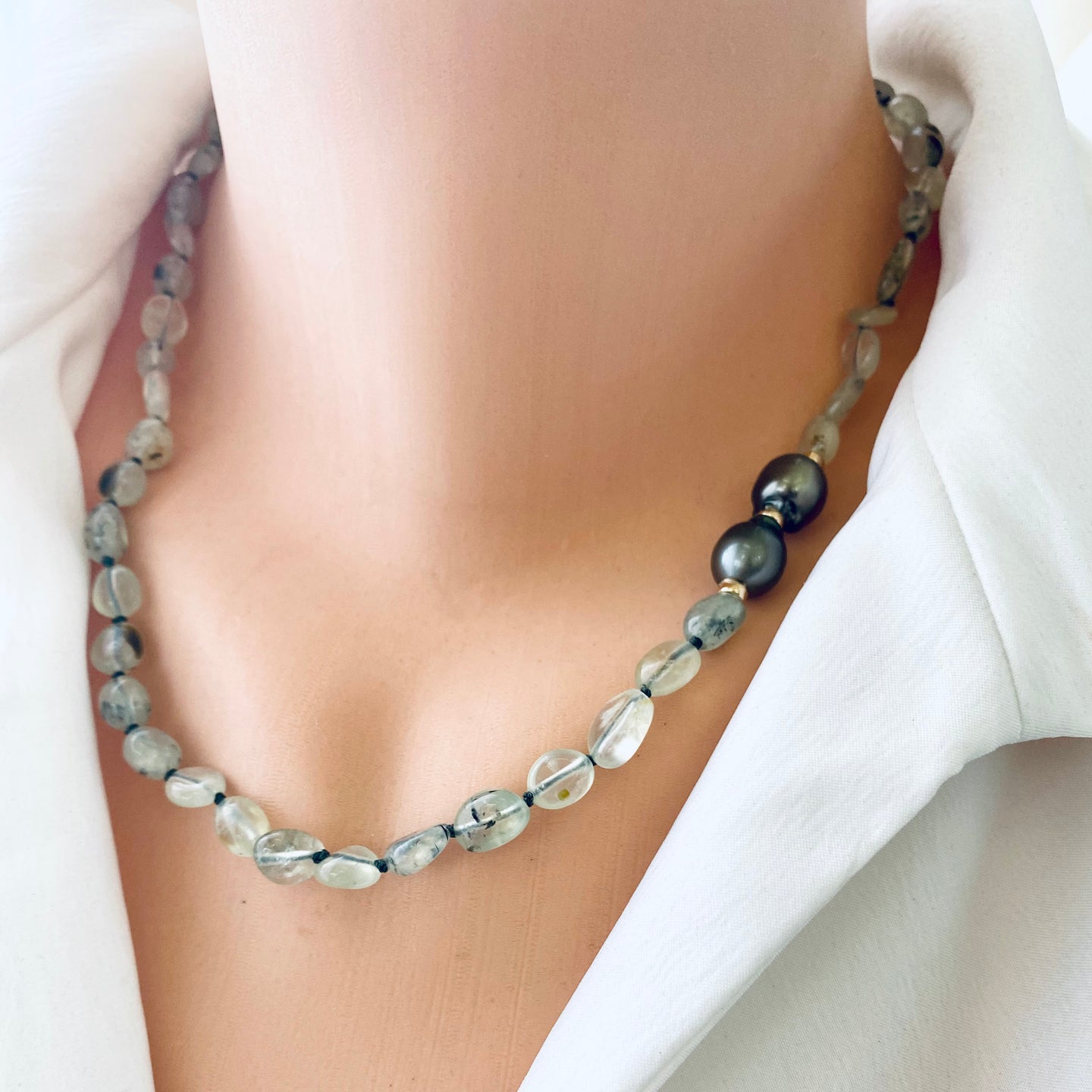 Prehnite & Tahitian Baroque Pearl Candy Necklace, 14K GF, 19