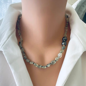 Soft Green Prehnite Beads and Tahitian Baroque Pearl Candy Necklace, Gold Filled, 19"inches