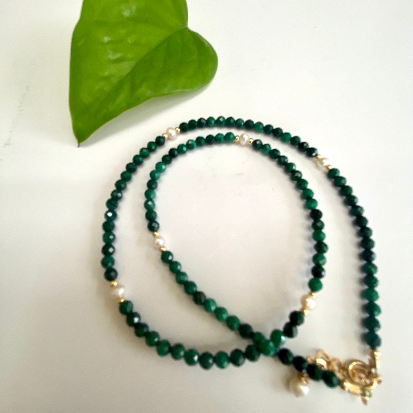 Malachite Pearl Choker Necklace featuring rich green malachite and luminous freshwater pearls with gold filled accents.