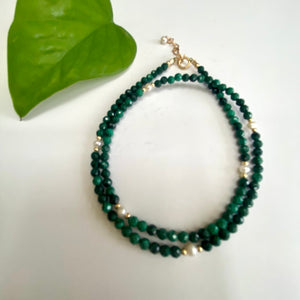 Malachite & Pearls Choker Necklace, 14K GF, 15+1" – Handmade in Canada