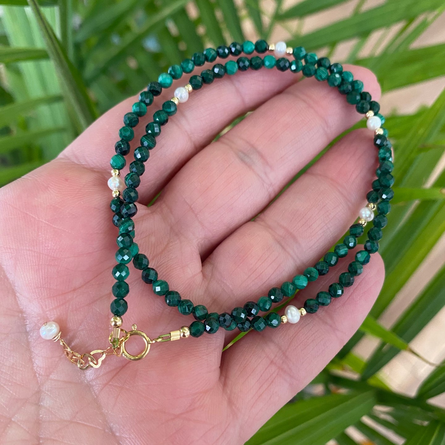 Malachite & Pearls Choker Necklace, 14K GF, 15+1