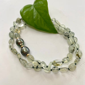 Soft Green Prehnite Beads and Tahitian Baroque Pearl Candy Necklace, Gold Filled, 19"inches