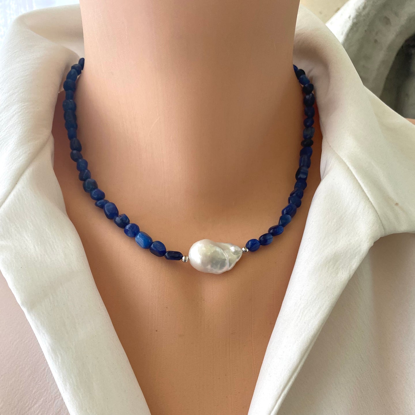 Kyanite and Baroque Pearl Necklace with Sterling Silver Beads and Closure, 17