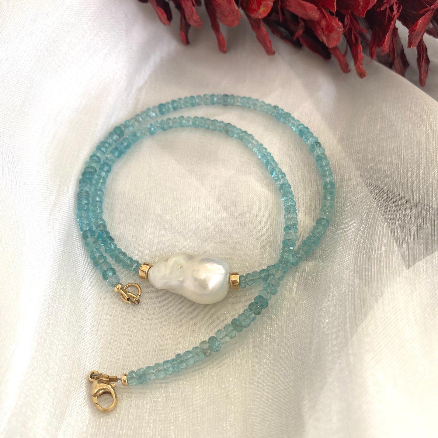 Blue Apatite and Baroque Pearl Beaded Necklace, Gold Filled, 18