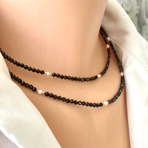 Black Spinel & Freshwater Pearls Choker Necklace, Gold Filled, Minimalist Jewelry, 15.5" or 18"In