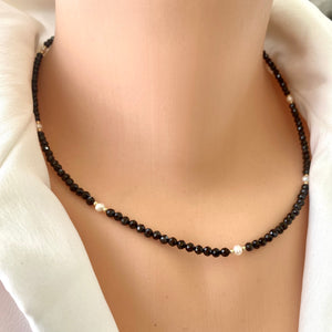 Black Spinel & Freshwater Pearls Choker Necklace, Gold Filled, Minimalist Jewelry, 15.5" or 18"In