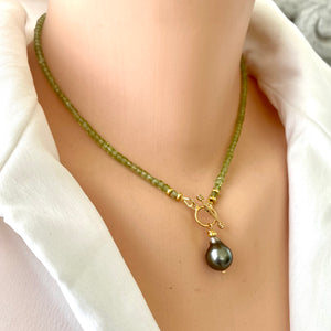 Peridot Toggle Necklace & Tahitian Baroque Pearl Pendant, Gold Vermeil, 16.5"inches, August Birthstone