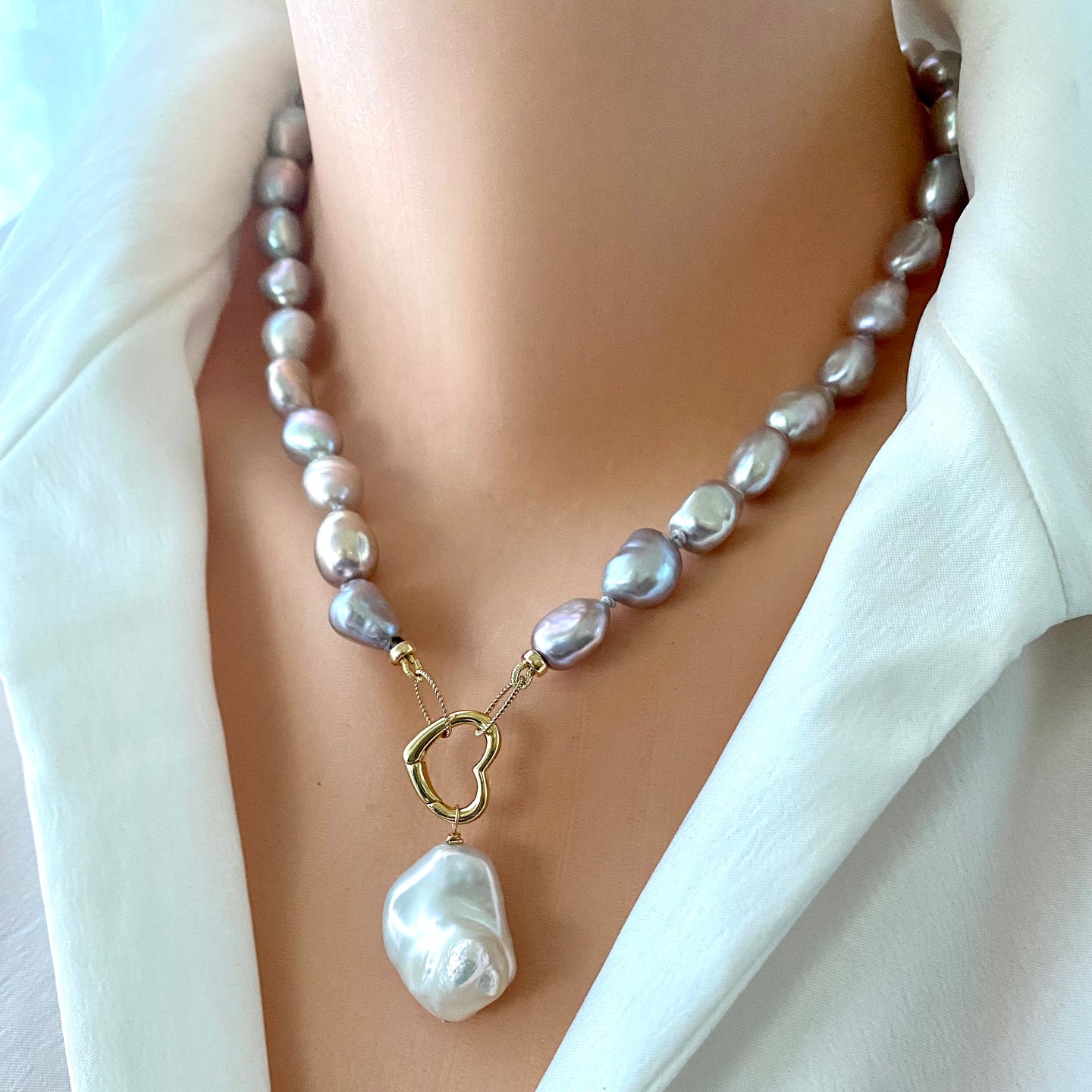 Grey Freshwater Pearl Necklace with White Baroque Pearl Pendant & Heart Closure, Gold Filled Details, 18