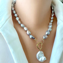 Charger l&#39;image dans la galerie, Grey Freshwater Pearl Necklace with White Baroque Pearl Pendant &amp; Heart Closure, Gold Filled Details, 18&quot;inches
