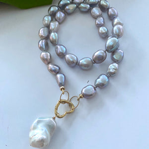 Grey Freshwater Pearl Necklace with White Baroque Pearl Pendant & Heart Closure, Gold Filled Details, 18"inches