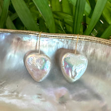 Load image into Gallery viewer, Heart-shaped freshwater pearl drop earrings, featuring 20mm pearls on gold vermeil-plated silver earring wires, perfect for bridal or romantic occasions.
