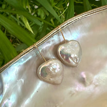 Load image into Gallery viewer, Heart-shaped freshwater pearl drop earrings, featuring 20mm pearls on gold vermeil-plated silver earring wires, perfect for bridal or romantic occasions.
