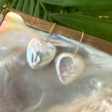 Load image into Gallery viewer, Heart-shaped freshwater pearl drop earrings, featuring 20mm pearls on gold vermeil-plated silver earring wires, perfect for bridal or romantic occasions.
