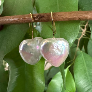 Heart-shaped freshwater pearl drop earrings, featuring 20mm pearls on gold vermeil-plated silver earring wires, perfect for bridal or romantic occasions.