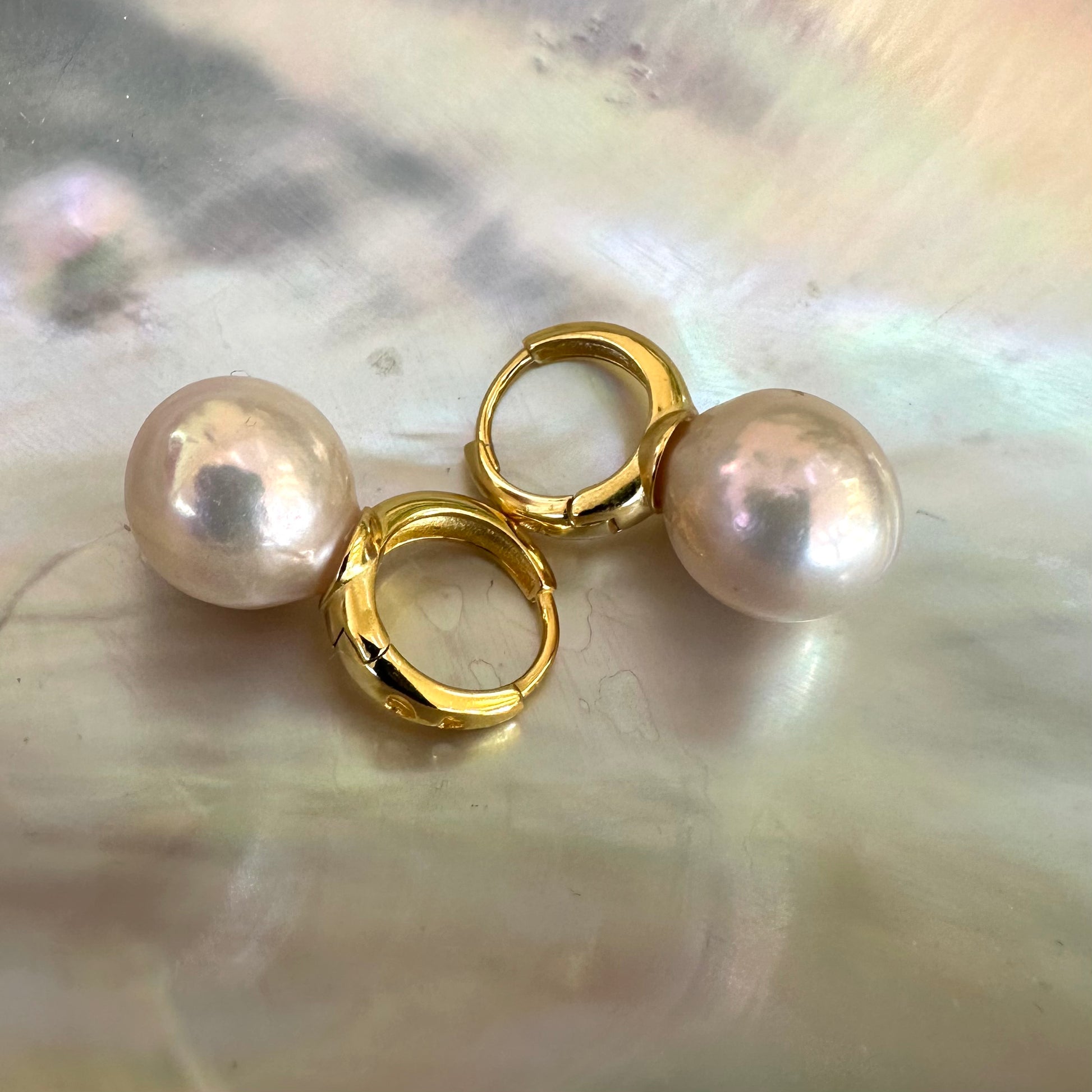 Golden pink pearl hoop earrings captured on white shell, showing natural golden-pink hue and luxurious gold setting.