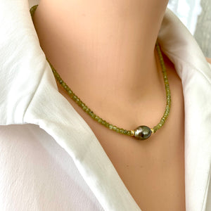 Peridot Necklace & Tahitian Baroque Pearl, Gold Vermeil Plated Silver, 17"inch, August Birthstone