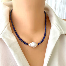 Charger l&#39;image dans la galerie, Lapis Lazuli Beaded Necklace with Large Fresh Water Baroque Pearl, December Birthstone, Gold Filled, 18&quot;inches
