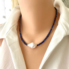 Carica l&#39;immagine nel visualizzatore di Gallery, Lapis Lazuli Beaded Necklace with Large Fresh Water Baroque Pearl, December Birthstone, Gold Filled, 18&quot;inches
