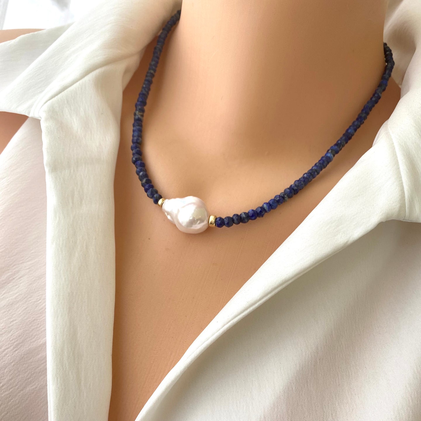Lapis Lazuli Beaded Necklace with Large Fresh Water Baroque Pearl, December Birthstone, Gold Filled, 18