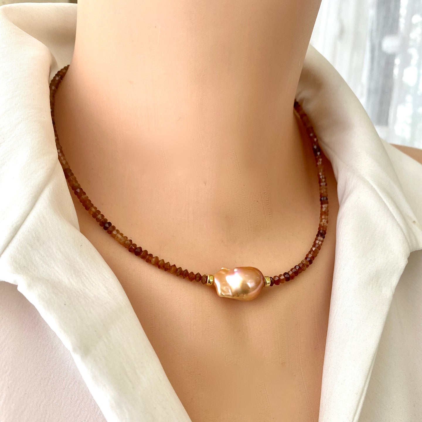 Hessonite Garnet Beaded Necklace with Golden Pink Baroque Pearl in Middle. Gold Vermeil, 17
