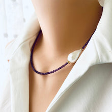 Load image into Gallery viewer, Amethyst &amp; Baroque Pearl Choker Necklace, February Birthstone Necklace 
