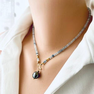 Aquamarine Toggle Necklace & Tahitian Baroque Pearl Pendant, GV, 16.5" – Handmade in Canada