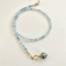 Lade das Bild in den Galerie-Viewer, Aquamarine Toggle Necklace &amp; Tahitian Baroque Pearl Pendant, Gold Vermeil, 16.5&quot;inches, March Birthstone
