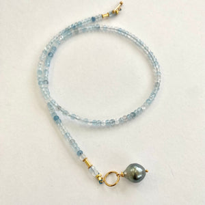 Aquamarine Toggle Necklace & Tahitian Baroque Pearl Pendant, Gold Vermeil, 16.5"inches, March Birthstone