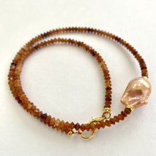 Load image into Gallery viewer, Hessonite Garnet Beaded Necklace with Golden Pink Baroque Pearl in Middle. Gold Vermeil, 17&quot;inches,
