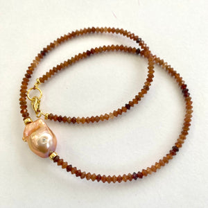 Hessonite Garnet Beaded Necklace with Golden Pink Baroque Pearl in Middle. Gold Vermeil, 17"inches,