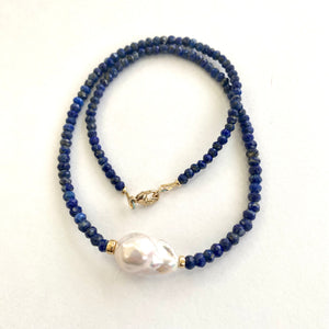 Lapis Lazuli Beaded Necklace with Large Fresh Water Baroque Pearl, December Birthstone, Gold Filled, 18"inches