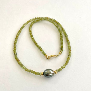 Peridot Necklace & Tahitian Baroque Pearl, Gold Vermeil Plated Silver, 17"inch, August Birthstone