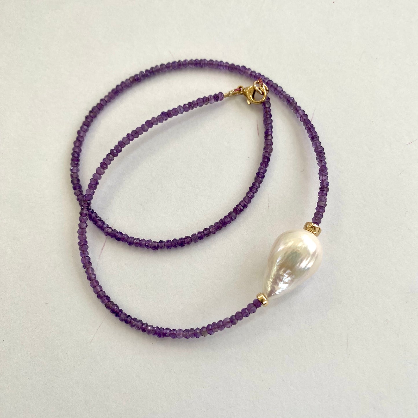 Purple amethyst baroque pearl necklace with gold-filled clasp and freshwater baroque pearl