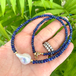 Lapis Lazuli Beaded Necklace with Large Fresh Water Baroque Pearl, December Birthstone, Gold Filled, 18"inches