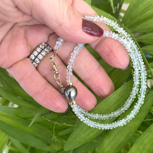 Dainty Light Aquamarine Choker Necklace & Grey Tahitian Baroque Pearl, Gold Filled, 15"inch, March Birthstone