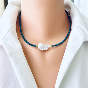 Dainty Blue Apatite & White Baroque Pearl Beaded Necklace, Gold Vermeil, 17"inches