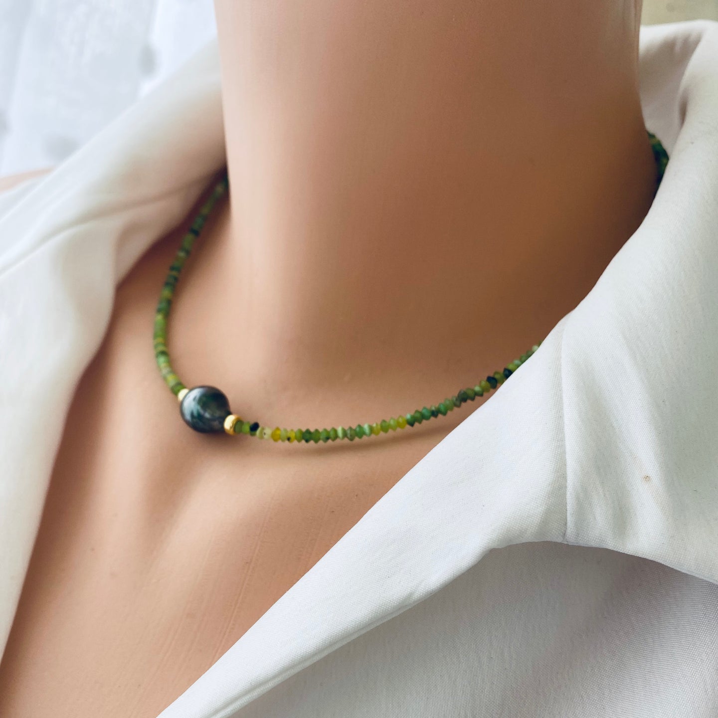 Green Chrysoprase Beaded Necklace & Tahitian Baroque Pearl, Gold Vermeil Plated Silver, 16.5
