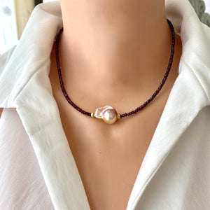 Red Garnet & Golden Pink Baroque Pearl Necklace, Gold Vermeil, January Birthstone, 17"inches