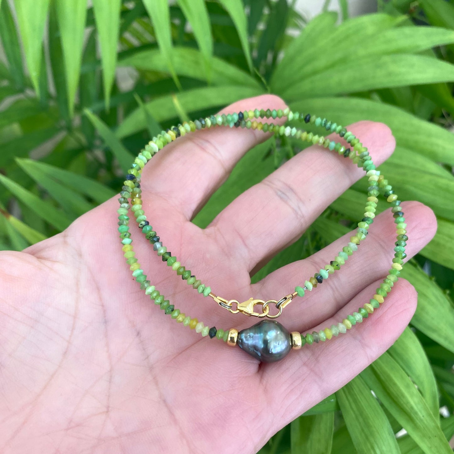 Green chrysoprase baroque pearl necklace featuring vibrant Chrysoprase and Tahitian pearl.