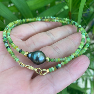 Green Chrysoprase Necklace & Tahitian Baroque Pearl, Gold, 16.5"