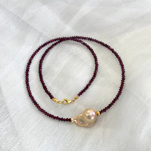 Red Garnet & Golden Pink Baroque Pearl Necklace, Gold Vermeil, January Birthstone, 17"inches