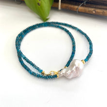 Load image into Gallery viewer, Dainty Blue Apatite &amp; White Baroque Pearl Beaded Necklace, Gold Vermeil, 17&quot;inches
