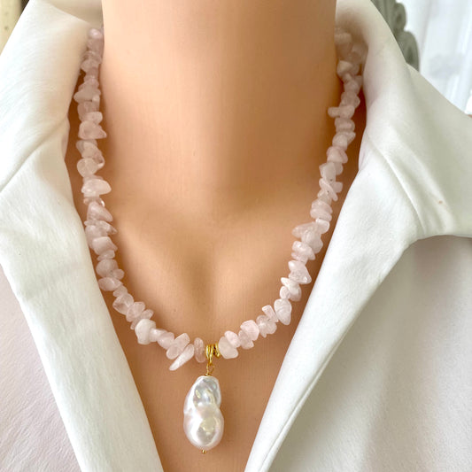 Rose quartz baroque pearl necklace featuring smooth pink nuggets and a luminous white Baroque pearl pendant.