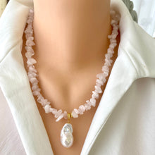 Lade das Bild in den Galerie-Viewer, Rose Quartz Necklace &amp; White Baroque Pearl Pendant, Soft Pink Necklace, January Birthstone, 19.5&quot;inches
