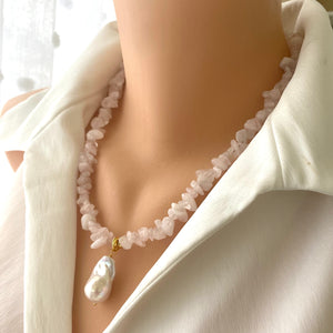 Rose Quartz Necklace & White Baroque Pearl Pendant, Soft Pink Necklace, January Birthstone, 19.5"inches