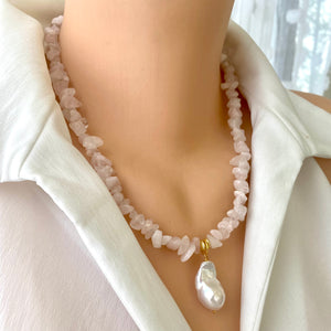 Rose Quartz Necklace & White Baroque Pearl Pendant, 19.5", Gold