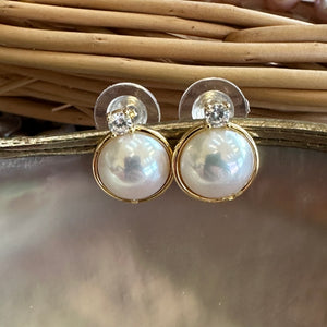 White Mabe Edison Pearl Stud Earrings with Cz, Gold Vermeil