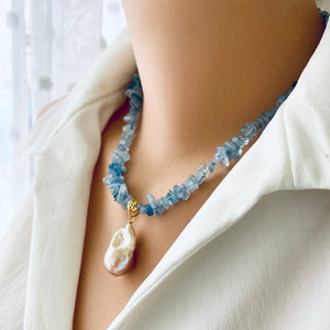 Aquamarine Necklace With Golden Pink Baroque Pearl Pendant, March Birthstone, 18"inches
